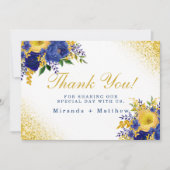 ブルーイエローフローラ結婚金ゴールドのサンキューカード 招待状 (正面)