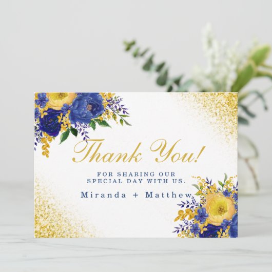 ブルーイエローフローラ結婚金ゴールドのサンキューカード 招待状 (スタンド正面)