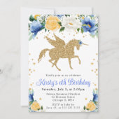 ブルーイエローフローラ金ゴールドユニコーンバースデーパーティー 招待状 (正面)