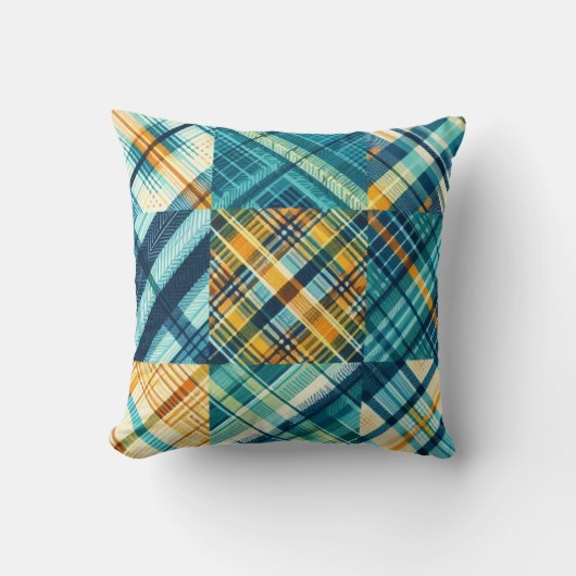 ブルーイエロープラ市松模様にイド クッション (正面)