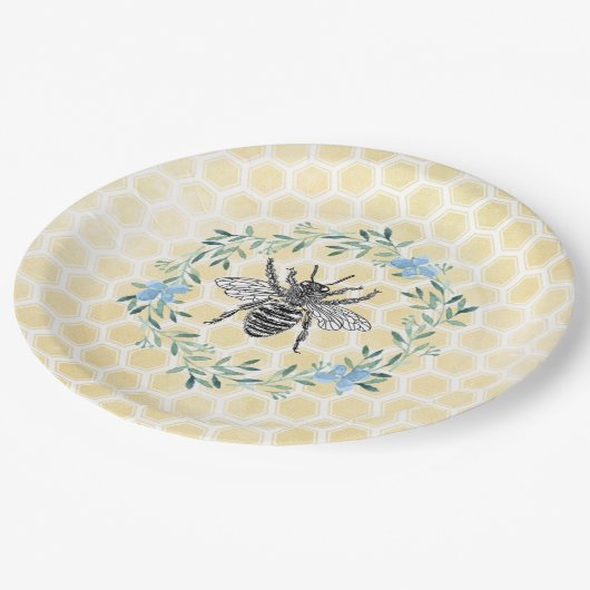 ブルーイエローベイビーシャワーデコールビーハニカムフローラ ペーパープレート (アングル)