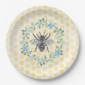ブルーイエローベイビーシャワーデコールビーハニカムフローラ ペーパープレート (正面)