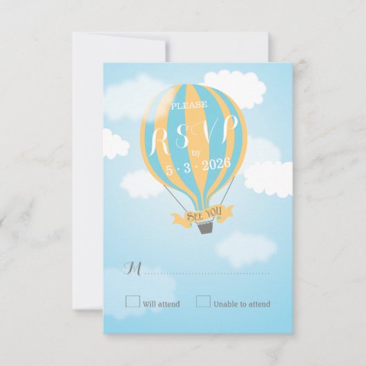 ブルーイエローホットエアバルーンベビーシャワーRSVPカード 出欠カード (正面)