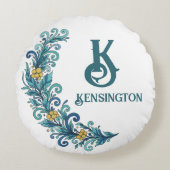 ブルーイエローホリデイグリーンリースワッグデコール ラウンドクッション (正面)