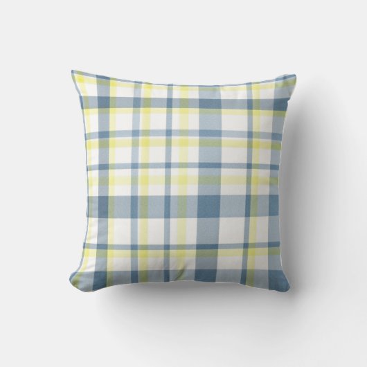 ブルーイエローホワイトウォーターカラープレイド クッション (正面)