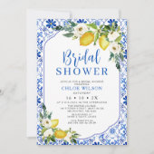 ブルーイエローホワイトフローラレモンブライダルシャワー 招待状 (正面)
