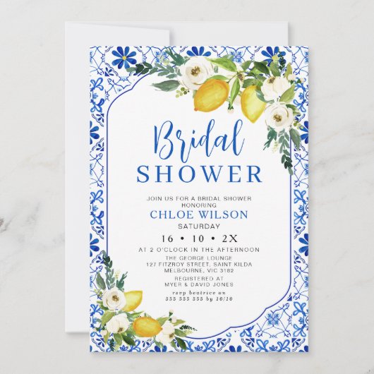 ブルーイエローホワイトフローラレモンブライダルシャワー 招待状 (正面)