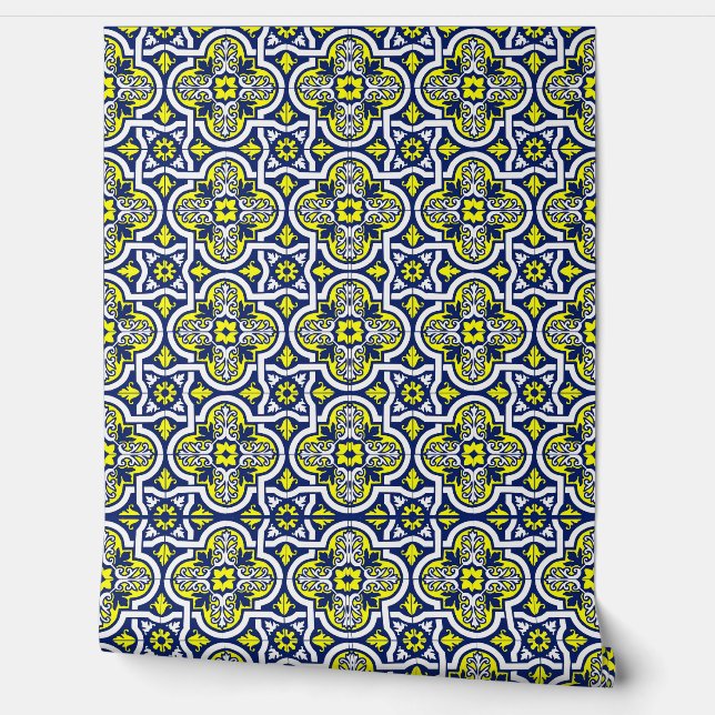 ブルーイエローホワイトフローラヴィンテージタイルオーナメント 壁紙 (ほどく)