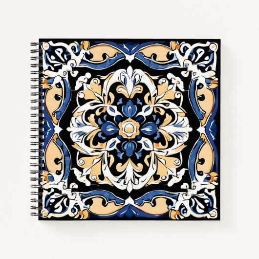 ブルーイエローホワイトブラックAzulejuモロッコスペインのード ノートブック (正面)