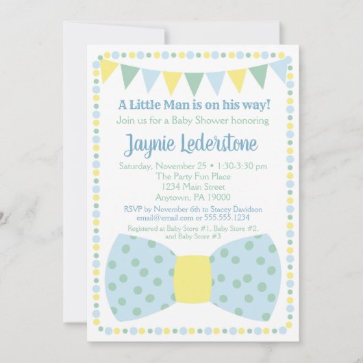 ブルーイエローボウタイベビーシャワー招待状 招待状 (正面)