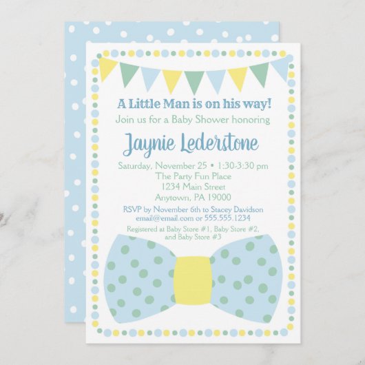 ブルーイエローボウタイベビーシャワー招待状 招待状 (正面/裏面)