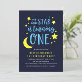ブルーイエロームーンアンドスターズワンバースデー招待状 招待状 (スタンド正面)