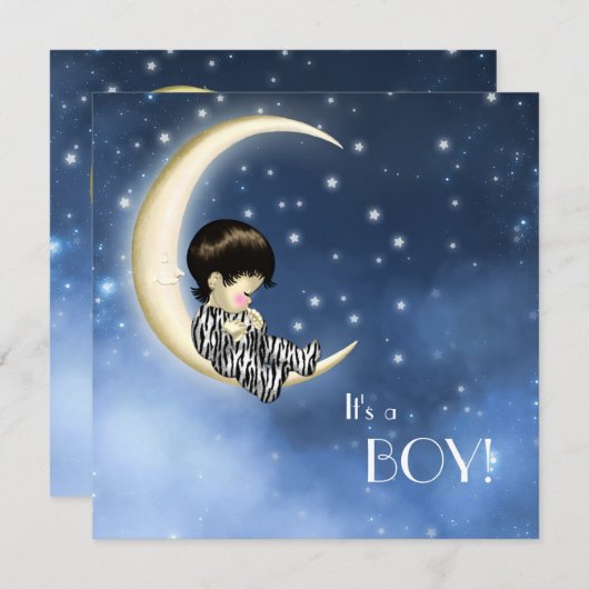ブルーイエロームーンベビーシャワー 招待状 (正面/裏面)