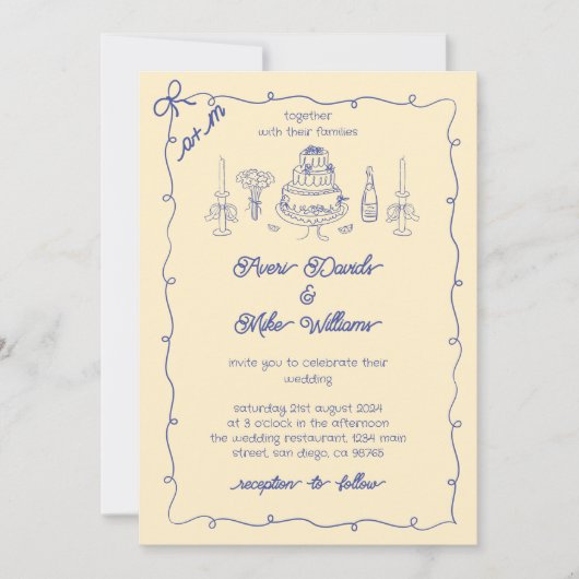 ブルーイエローラドルチェVita手書き結婚の 招待状 (正面)