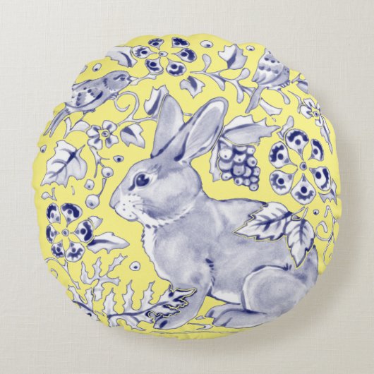 ブルーイエローラビットバードウッドランドフローラ夏 ラウンドクッション (正面)