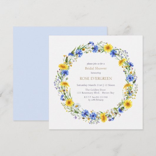 ブルーイエローラベンダーワイルドフラワーリース 招待状 (正面/裏面)