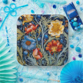 ブルーイエローレッドフラワーズウィリアムモリススタイル ペーパープレート (パーティー)