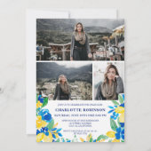 ブルーイエローレモンのフローラスクリプト写真の卒業 招待状 (裏面)