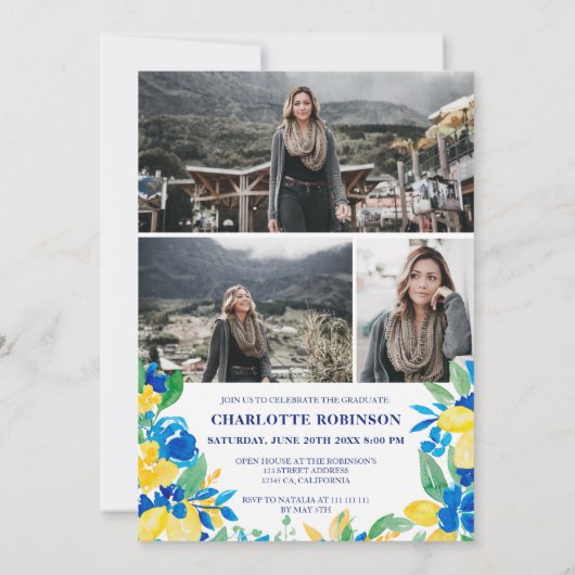 ブルーイエローレモンのフローラスクリプト写真の卒業 招待状 (裏面)