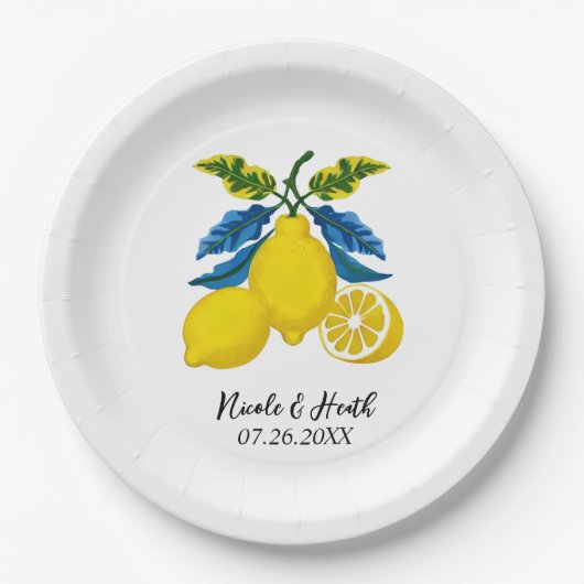 ブルーイエローレモンウォーター地中海のカラー結婚ズ ペーパープレート (正面)