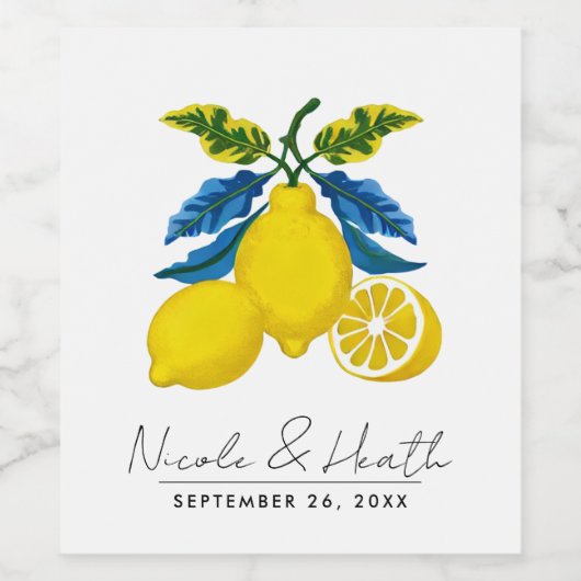 ブルーイエローレモンウォーター地中海のカラー結婚ズ ワインラベル (シングルラベル)