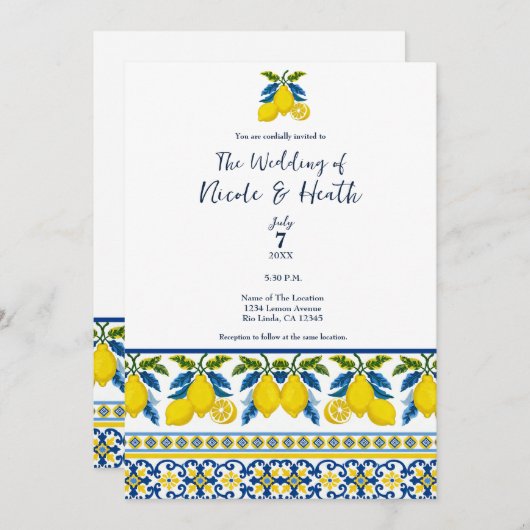 ブルーイエローレモンウォーター地中海のカラー結婚ズ 招待状 (正面/裏面)