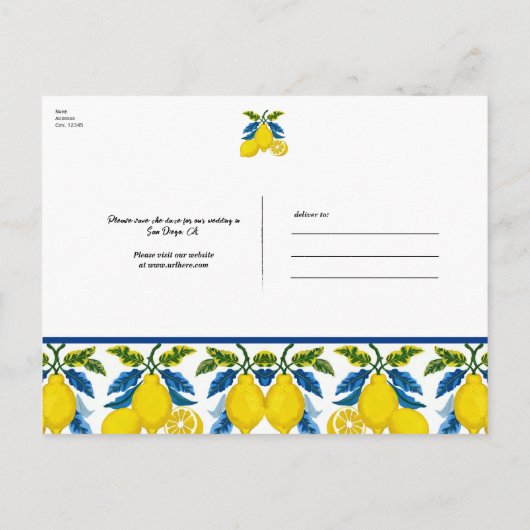ブルーイエローレモンウォーター地中海のカラー結婚ズ 案内ポストカード (裏面)