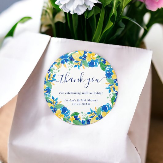 ブルーイエローレモンフローラ水彩ブライダルシャワー ラウンドシール