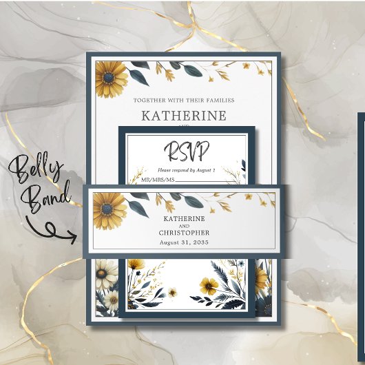 ブルーイエローワイルドフラワーエレガントな結婚式 招待状ベリーバンド