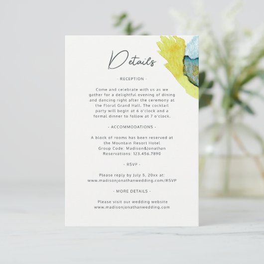 ブルーイエロー抽象芸術ウォーターユニークカラー結婚アート エンクロージャーカード (スタンド正面)