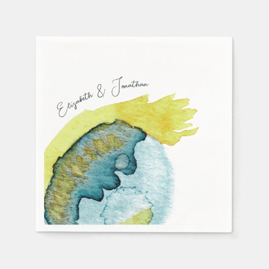 ブルーイエロー抽象芸術ウォーターユニークカラー結婚アート スタンダードカクテルナプキン (正面)