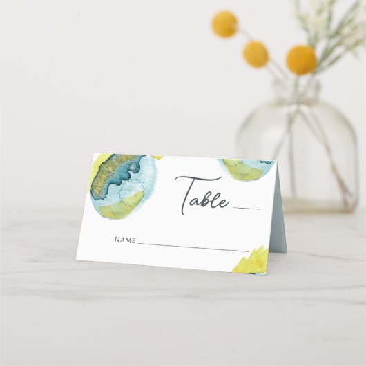ブルーイエロー抽象芸術ウォーターユニークカラー結婚アート プレイスカード (正面)