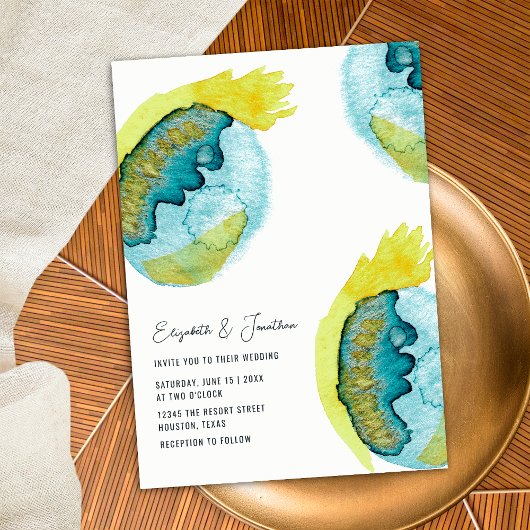 ブルーイエロー抽象芸術ウォーターユニークカラー結婚アート 招待状