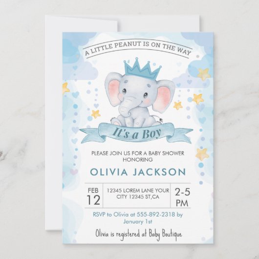 ブルーイエロー水彩象の男の子のシャワー 招待状 (正面)