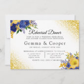 ブルーイエロー絵を描フローラ金ゴールドリハーサルディナー 招待状 (正面)