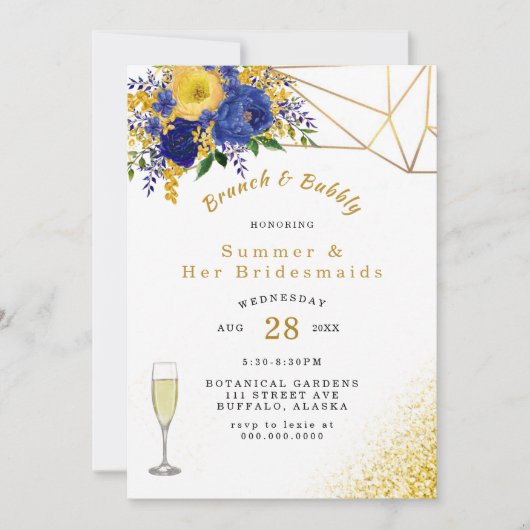ブルーイエロー絵を描金ゴールドフローラブランチとバブリー 招待状 (正面)