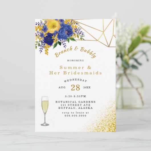 ブルーイエロー絵を描金ゴールドフローラブランチとバブリー 招待状 (スタンド正面)