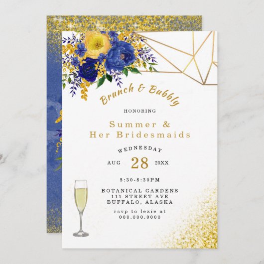 ブルーイエロー絵を描金ゴールドフローラブランチとバブリー 招待状 (正面/裏面)