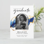 ブルーイエロー金ゴールドエレガントアーチ写真卒業 案内状 (スタンド正面)