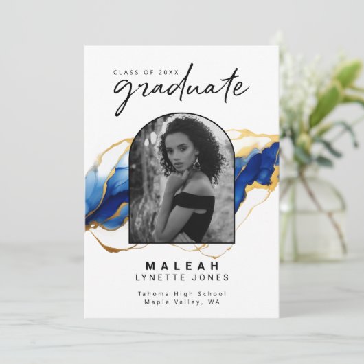 ブルーイエロー金ゴールドエレガントアーチ写真卒業 案内状 (スタンド正面)
