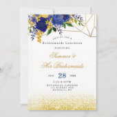 ブルーイエロー金ゴールドフローラブリデスメイドランチョン 招待状 (正面)