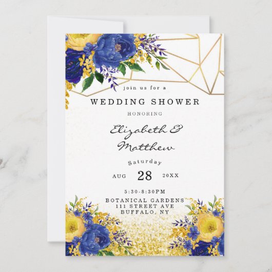 ブルーイエロー金ゴールド絵を描フローラウェディングシャワー 招待状 (正面)