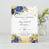 ブルーイエロー金ゴールド絵を描フローラウェディングシャワー 招待状 (スタンド正面)