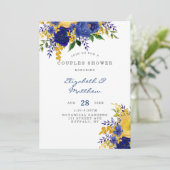 ブルーイエロー金ゴールド絵を描花模様カップルのシャワー 招待状 (スタンド正面)