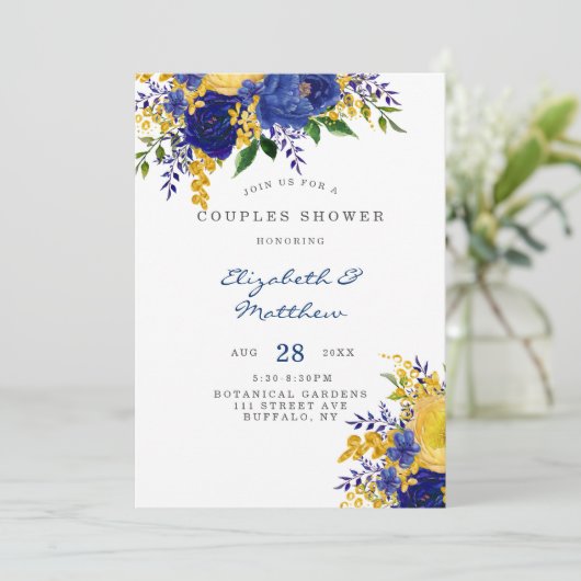ブルーイエロー金ゴールド絵を描花模様カップルのシャワー 招待状 (スタンド正面)