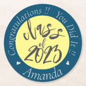 ブルーイエロー2023年の卒業のクラス ラウンドペーパーコースター (正面)