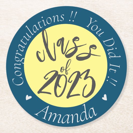 ブルーイエロー2023年の卒業のクラス ラウンドペーパーコースター (正面)