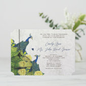 ブルーイエロー&シルバーピーコックバードケージ招待状 招待状 (スタンド正面)