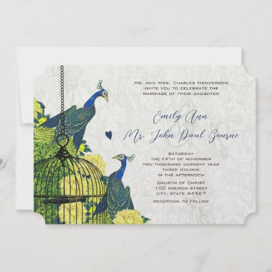 ブルーイエロー&シルバーピーコックバードケージ招待状 招待状 (正面)