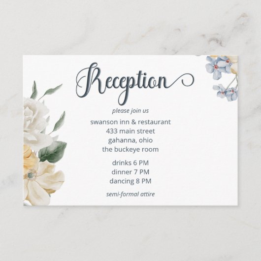 ブルーイエロー&ホワイトフローラウェディングレセプション エンクロージャーカード (正面)